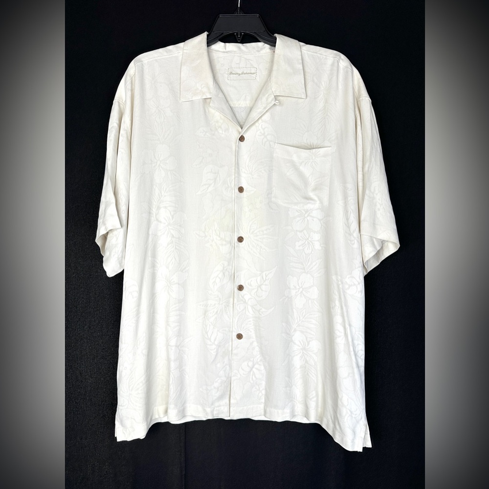 Tommy Bahama Men Size XXL Ivory Flowers Silk Hawaiian Shirt Short Sleeve Buttons